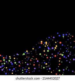 Carnival Confetti. Isolated Masquerade Border with Falling Round Dots. Multicolored Color Anniversary Banner on Black Backdrop. Rainbow Birthday Poster. Sylvester Design. Carnaval Party Background.