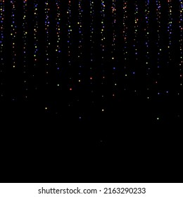 Carnival Confetti. Isolated Masquerade Border with Falling Round Dots. Carnaval Party Background. Rainbow Birthday Poster. Sylvester Design. Multicolored Color Anniversary Banner on Black Backdrop.