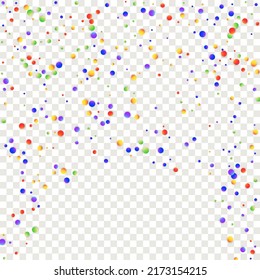 Carnival Confetti. Isolated Masquerade Border with Falling Round Dots. Red, Blue, Green, Orange Banner on Transparent Backdrop. Sylvester Design. Rainbow Birthday Poster. Carnaval Party Background.