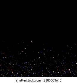Carnival Confetti. Isolated Masquerade Border with Falling Round Dots. Carnaval Party Background. Sylvester Design. Multicolored Color Anniversary Banner on Black Backdrop. Rainbow Birthday Poster.