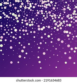 Carnival Confetti. Isolated Masquerade Border with Falling Round Dots. Sylvester Design. Gradient Color Anniversary Banner on Purple Backdrop. Carnaval Party Background. Rainbow Birthday Poster.