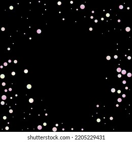 Carnival Confetti. Isolated Masquerade Border with Falling Round Dots. Sylvester Design. Neon Color Anniversary Banner on Black Backdrop. Rainbow Birthday Poster. Carnaval Party Background.