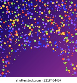Carnival Confetti. Isolated Masquerade Border with Falling Round Dots. Colorful Anniversary Banner on Purple Backdrop. Carnaval Party Background. Rainbow Birthday Poster. Sylvester Design.