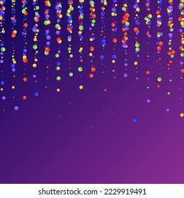 Carnival Confetti. Isolated Masquerade Border with Falling Round Dots. Carnaval Party Background. Rainbow Birthday Poster. Colorful Anniversary Banner on Purple Backdrop. Sylvester Design.