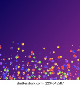Carnival Confetti. Isolated Masquerade Border with Falling Round Dots. Colorful Anniversary Banner on Purple Backdrop. Carnaval Party Background. Rainbow Birthday Poster. Sylvester Design.