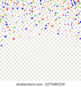 Carnival Confetti. Isolated Masquerade Border with Falling Round Dots. Carnaval Party Background. Red, Blue, Green, Orange Banner on Transparent Backdrop. Rainbow Birthday Poster. Sylvester Design.