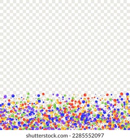 Carnival Confetti. Isolated Masquerade Border with Falling Round Dots. Rainbow Birthday Poster. Carnaval Party Background. Sylvester Design. Red, Blue, Green, Orange Banner on Transparent Backdrop.