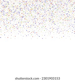 Carnival Confetti. Isolated Masquerade Border with Falling Round Dots. Multicolored Banner on White Backdrop. Carnaval Party Background. Sylvester Design. Rainbow Birthday Poster.