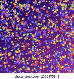 Carnival Confetti. Isolated Masquerade Border with Falling Round Dots. Colorful Anniversary Banner on Purple Backdrop. Carnaval Party Background. Rainbow Birthday Poster. Sylvester Design.