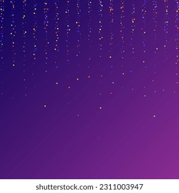 Carnival Confetti. Isolated Masquerade Border with Falling Round Dots. Carnaval Party Background. Sylvester Design. Colorful Anniversary Banner on Purple Backdrop. Rainbow Birthday Poster.