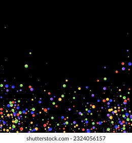 Carnival Confetti. Isolated Masquerade Border with Falling Round Dots. Multicolored Color Anniversary Banner on Black Backdrop. Rainbow Birthday Poster. Sylvester Design. Carnaval Party Background.