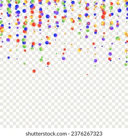 Carnival Confetti. Isolated Masquerade Border with Falling Round Dots. Carnaval Party Background. Red, Blue, Green, Orange Banner on Transparent Backdrop. Rainbow Birthday Poster. Sylvester Design.
