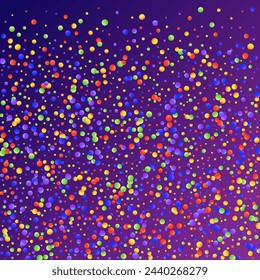 Carnival Confetti. Isolated Masquerade Border with Falling Round Dots. Rainbow Birthday Poster. Carnaval Party Background. Sylvester Design. Colorful Anniversary Banner on Purple Backdrop.