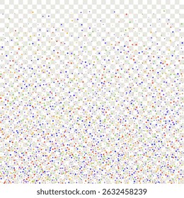 Carnival Confetti. Isolated Masquerade Border with Falling Round Dots. Carnaval Party Background. Sylvester Design. Red, Blue, Green, Orange Banner on Transparent Backdrop. Rainbow Birthday Poster.