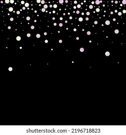 Carnival Confetti. Mermaid Color Anniversary Banner on Black Backdrop. Sylvester Design. Isolated Masquerade Border with Falling Round Dots. Rainbow Birthday Poster. Carnaval Party Background.