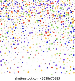 Carnival Confetti. Multicolored Banner on White Backdrop. Carnaval Party Background. Isolated Masquerade Border with Falling Round Dots. Sylvester Design. Rainbow Birthday Poster.