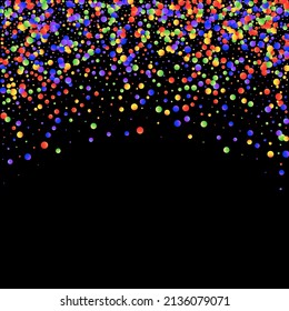 Carnival Confetti. Multicolored Color Anniversary Banner on Black Backdrop. Rainbow Birthday Poster. Isolated Masquerade Border with Falling Round Dots. Sylvester Design. Carnaval Party Background.