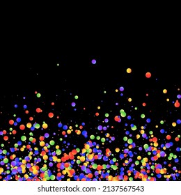 Carnival Confetti. Multicolored Color Anniversary Banner on Black Backdrop. Isolated Masquerade Border with Falling Round Dots. Rainbow Birthday Poster. Carnaval Party Background. Sylvester Design.