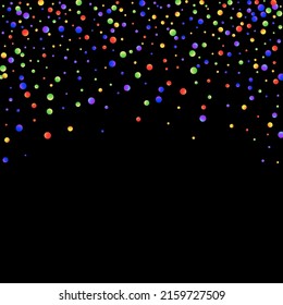 Carnival Confetti. Multicolored Color Anniversary Banner on Black Backdrop. Isolated Masquerade Border with Falling Round Dots. Rainbow Birthday Poster. Carnaval Party Background. Sylvester Design.