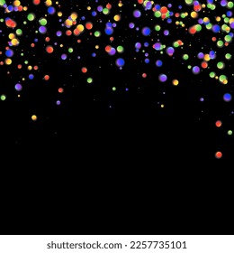 Carnival Confetti. Multicolored Color Anniversary Banner on Black Backdrop. Rainbow Birthday Poster. Isolated Masquerade Border with Falling Round Dots. Carnaval Party Background. Sylvester Design.