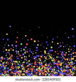 Carnival Confetti. Multicolored Color Anniversary Banner on Black Backdrop. Sylvester Design. Isolated Masquerade Border with Falling Round Dots. Rainbow Birthday Poster. Carnaval Party Background.