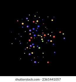 Carnival Confetti. Multicolored Color Anniversary Banner on Black Backdrop. Isolated Masquerade Border with Falling Round Dots. Carnaval Party Background. Sylvester Design. Rainbow Birthday Poster.