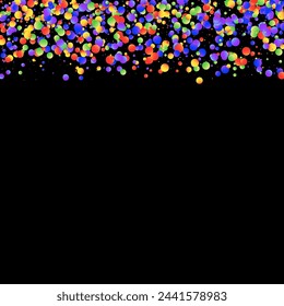 Carnival Confetti. Multicolored Color Anniversary Banner on Black Backdrop. Isolated Masquerade Border with Falling Round Dots. Rainbow Birthday Poster. Sylvester Design. Carnaval Party Background.