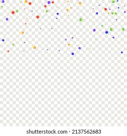 Carnival Confetti. Rainbow Birthday Poster. Red, Blue, Green, Orange Banner on Transparent Backdrop. Carnaval Party Background. Sylvester Design. Isolated Masquerade Border with Falling Round Dots.
