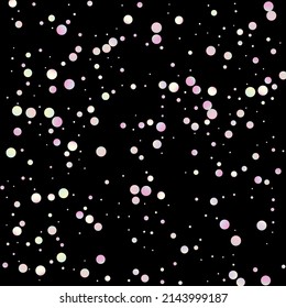 Carnival Confetti. Rainbow Birthday Poster. Foil Color Anniversary Banner on Black Backdrop. Sylvester Design. Isolated Masquerade Border with Falling Round Dots. Carnaval Party Background.