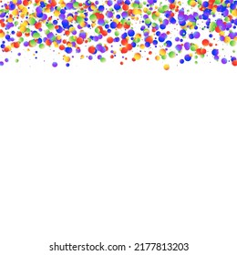 Carnival Confetti. Rainbow Birthday Poster. Isolated Masquerade Border with Falling Round Dots. Sylvester Design. Carnaval Party Background. Multicolored Banner on White Backdrop.
