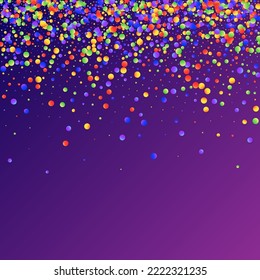 Carnival Confetti. Rainbow Birthday Poster. Isolated Masquerade Border with Falling Round Dots. Carnaval Party Background. Sylvester Design. Colorful Anniversary Banner on Purple Backdrop.