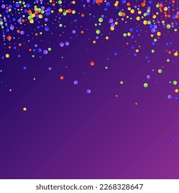 Carnival Confetti. Rainbow Birthday Poster. Sylvester Design. Colorful Anniversary Banner on Purple Backdrop. Isolated Masquerade Border with Falling Round Dots. Carnaval Party Background.