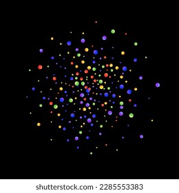Carnival Confetti. Rainbow Birthday Poster. Carnaval Party Background. Sylvester Design. Multicolored Color Anniversary Banner on Black Backdrop. Isolated Masquerade Border with Falling Round Dots.