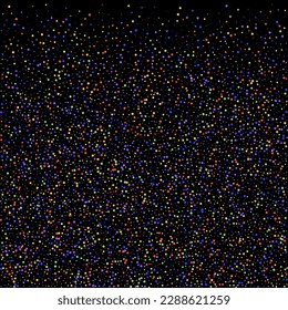 Carnival Confetti. Rainbow Birthday Poster. Isolated Masquerade Border with Falling Round Dots. Multicolored Color Anniversary Banner on Black Backdrop. Sylvester Design. Carnaval Party Background.