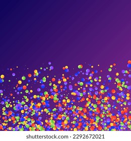 Carnival Confetti. Rainbow Birthday Poster. Isolated Masquerade Border with Falling Round Dots. Sylvester Design. Colorful Anniversary Banner on Purple Backdrop. Carnaval Party Background.