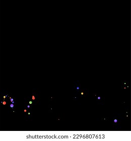 Carnival Confetti. Rainbow Birthday Poster. Isolated Masquerade Border with Falling Round Dots. Multicolored Color Anniversary Banner on Black Backdrop. Carnaval Party Background. Sylvester Design.