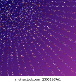 Carnival Confetti. Rainbow Birthday Poster. Carnaval Party Background. Sylvester Design. Isolated Masquerade Border with Falling Round Dots. Colorful Anniversary Banner on Purple Backdrop.