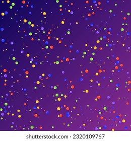 Karneval Confetti. Rainbow Birthday Poster. Carnaval Party-Hintergrund. Einzeln Masquerade-Grenze mit Falling Round Dots. Sylvester Design. Farbiges Jubiläumsbanner auf violettem Hintergrund.