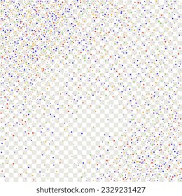 Carnival Confetti. Rainbow Birthday Poster. Carnaval Party Background. Sylvester Design. Isolated Masquerade Border with Falling Round Dots. Red, Blue, Green, Orange Banner on Transparent Backdrop.