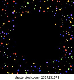 Carnival Confetti. Rainbow Birthday Poster. Carnaval Party Background. Isolated Masquerade Border with Falling Round Dots. Multicolored Color Anniversary Banner on Black Backdrop. Sylvester Design.