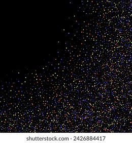 Carnival Confetti. Rainbow Birthday Poster. Isolated Masquerade Border with Falling Round Dots. Multicolored Color Anniversary Banner on Black Backdrop. Carnaval Party Background. Sylvester Design.