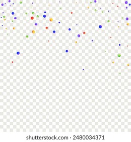 Carnival Confetti. Rainbow Birthday Poster. Sylvester Design. Carnaval Party Background. Red, Blue, Green, Orange Banner on Transparent Backdrop. Isolated Masquerade Border with Falling Round Dots.