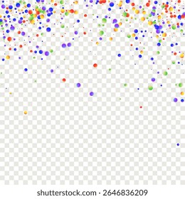 Confete de Carnaval. Pôster de Aniversário do Arco-Íris. Banner vermelho, azul, verde e laranja no fundo transparente. Borda de Máscara Isolada com Pontos Arredondados Caindo. Antecedentes do Carnaval. Projeto Sylvester.