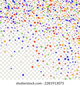 Carnival Confetti. Red, Blue, Green, Orange Banner on Transparent Backdrop. Isolated Masquerade Border with Falling Round Dots. Carnaval Party Background. Rainbow Birthday Poster. Sylvester Design.