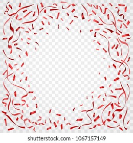 Carnival confetti. Red serpentine ribbons on transparent background for celebrating or anniversary party vector illustration