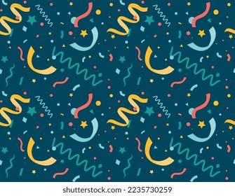 Carnival confetti seamless pattern. Repeating design element for printing on fabric. Present packaging, holiday and festival. Decoration element for apartment. Cartoon flat vector illustration