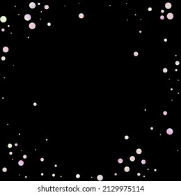Carnival Confetti. Sylvester Design. Carnaval Party Background. Rainbow Birthday Poster. Foil Color Anniversary Banner on Black Backdrop. Isolated Masquerade Border with Falling Round Dots.