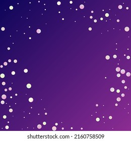Carnival Confetti. Sylvester Design. Carnaval Party Background. Rainbow Birthday Poster. Isolated Masquerade Border with Falling Round Dots. Holo Color Anniversary Banner on Purple Backdrop.