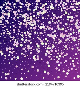 Carnival Confetti. Sylvester Design. Carnaval Party Background. Rainbow Birthday Poster. Isolated Masquerade Border with Falling Round Dots. Holo Color Anniversary Banner on Purple Backdrop.