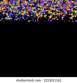 Carnival Confetti. Sylvester Design. Carnaval Party Background. Multicolored Color Anniversary Banner on Black Backdrop. Rainbow Birthday Poster. Isolated Masquerade Border with Falling Round Dots.